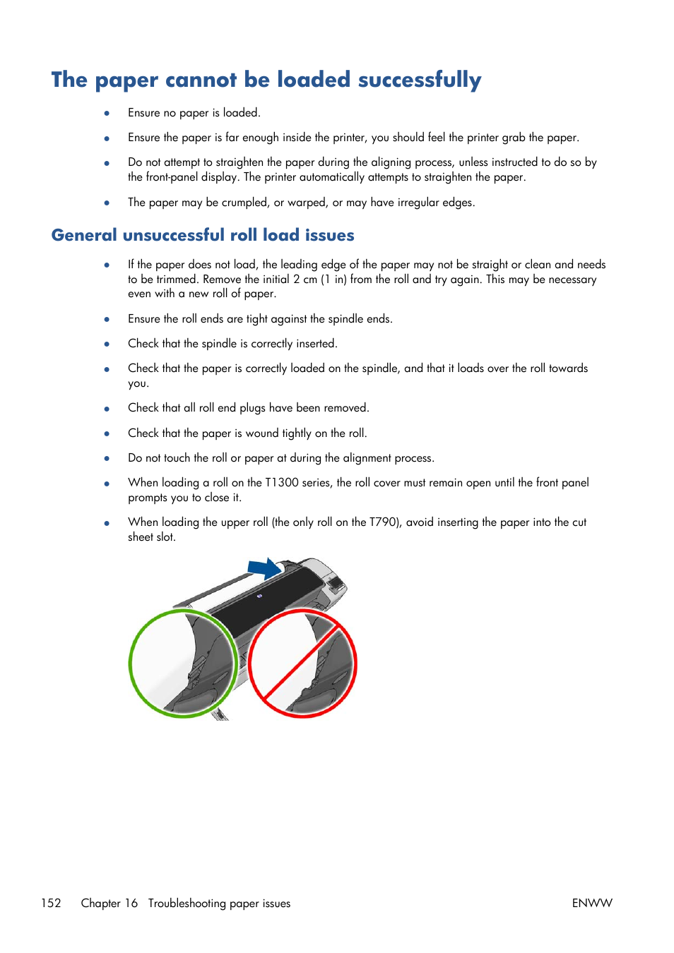 The paper cannot be loaded successfully, General unsuccessful roll load issues, The paper | HP Designjet T1300 ePrinter User Manual | Page 160 / 224