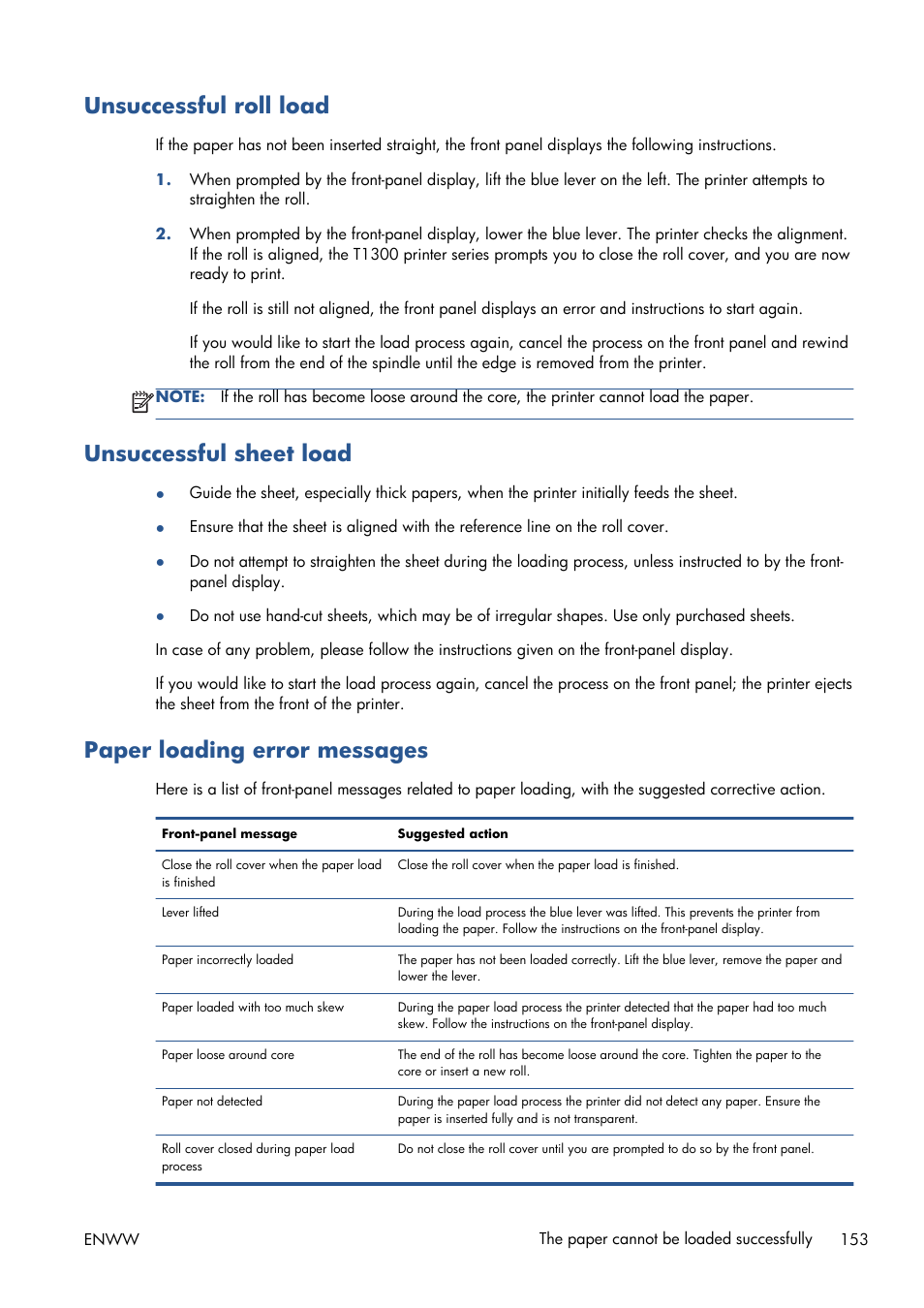 Unsuccessful roll load, Unsuccessful sheet load, Paper loading error messages | HP Designjet T1300 ePrinter User Manual | Page 161 / 224