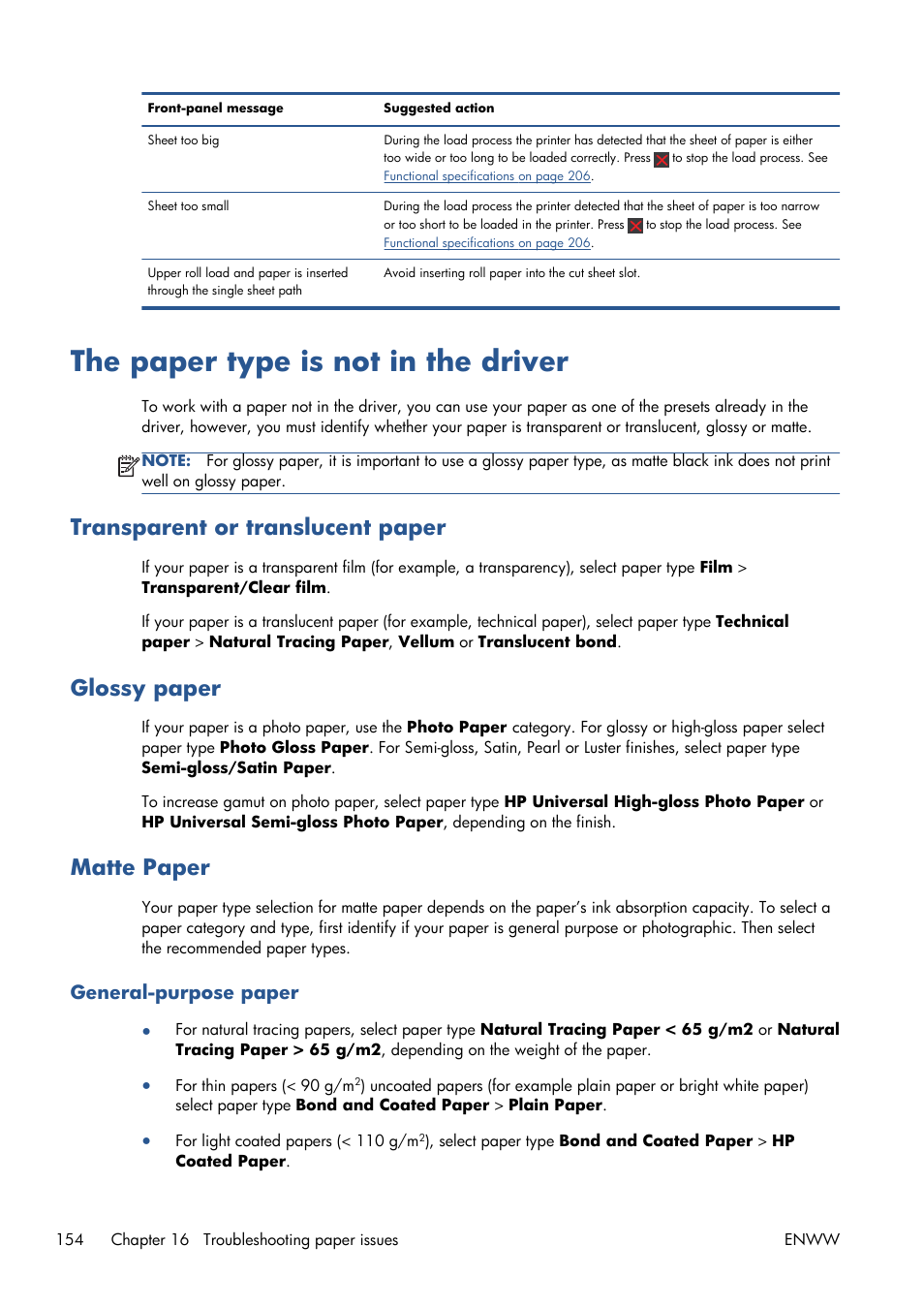 The paper type is not in the driver, Transparent or translucent paper, Glossy paper | Matte paper, General-purpose paper | HP Designjet T1300 ePrinter User Manual | Page 162 / 224