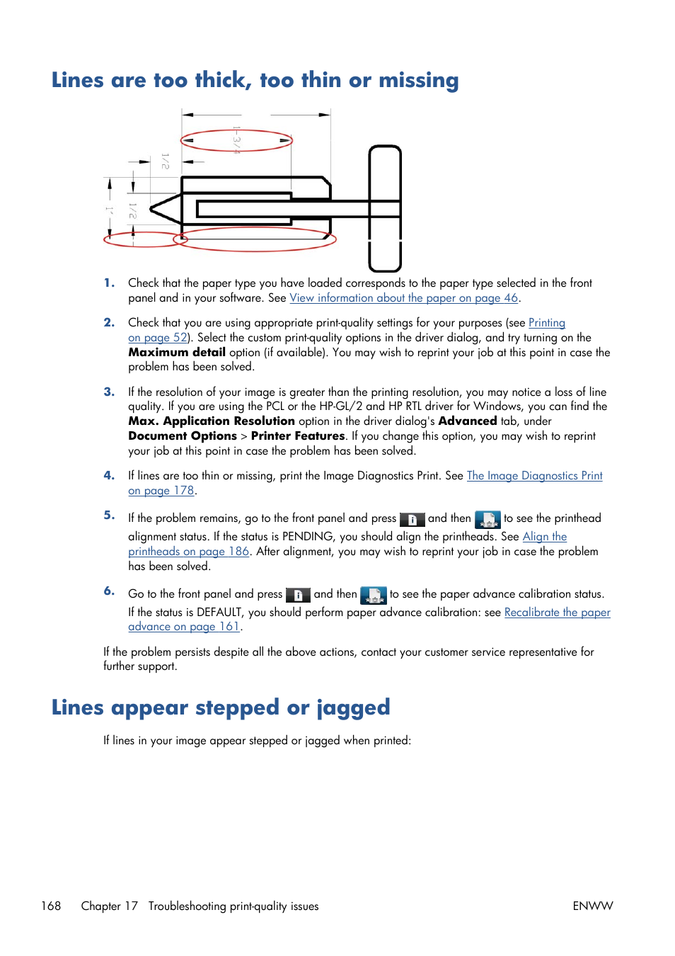 Lines are too thick, too thin or missing, Lines appear stepped or jagged | HP Designjet T1300 ePrinter User Manual | Page 176 / 224