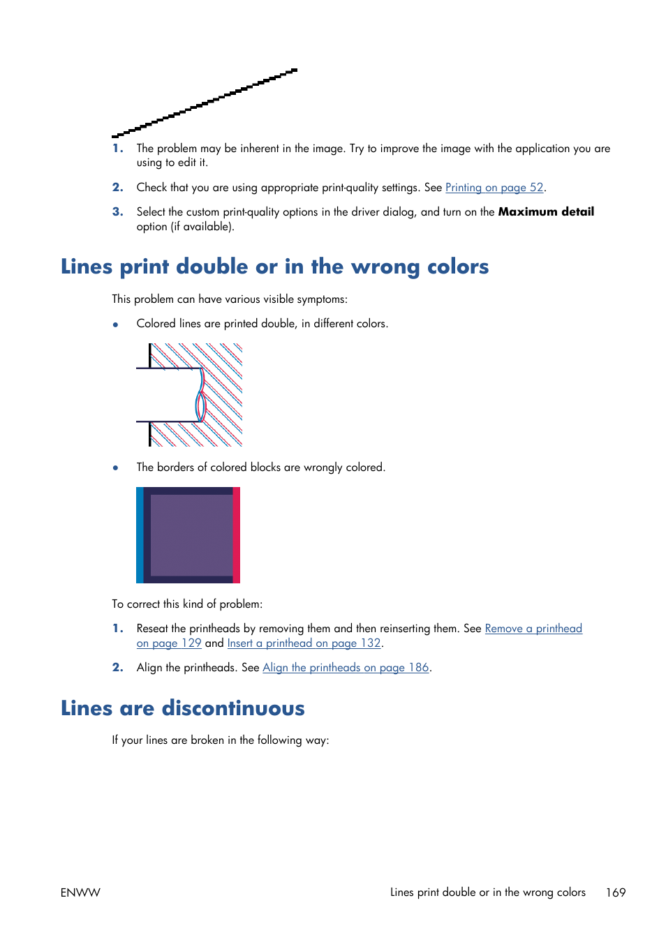Lines print double or in the wrong colors, Lines are discontinuous | HP Designjet T1300 ePrinter User Manual | Page 177 / 224