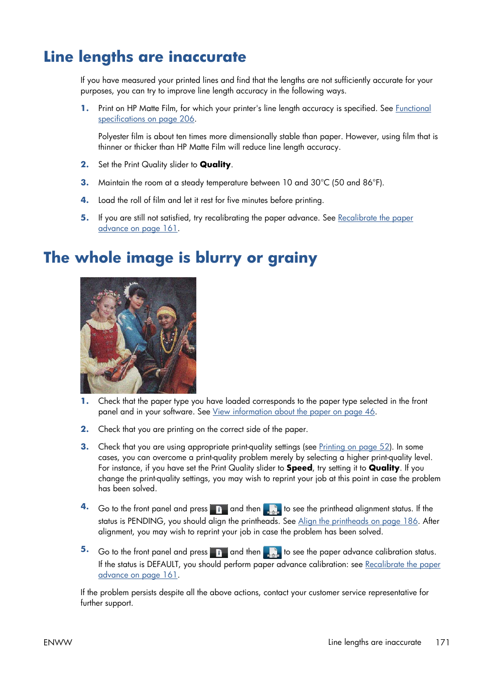 Line lengths are inaccurate, The whole image is blurry or grainy | HP Designjet T1300 ePrinter User Manual | Page 179 / 224