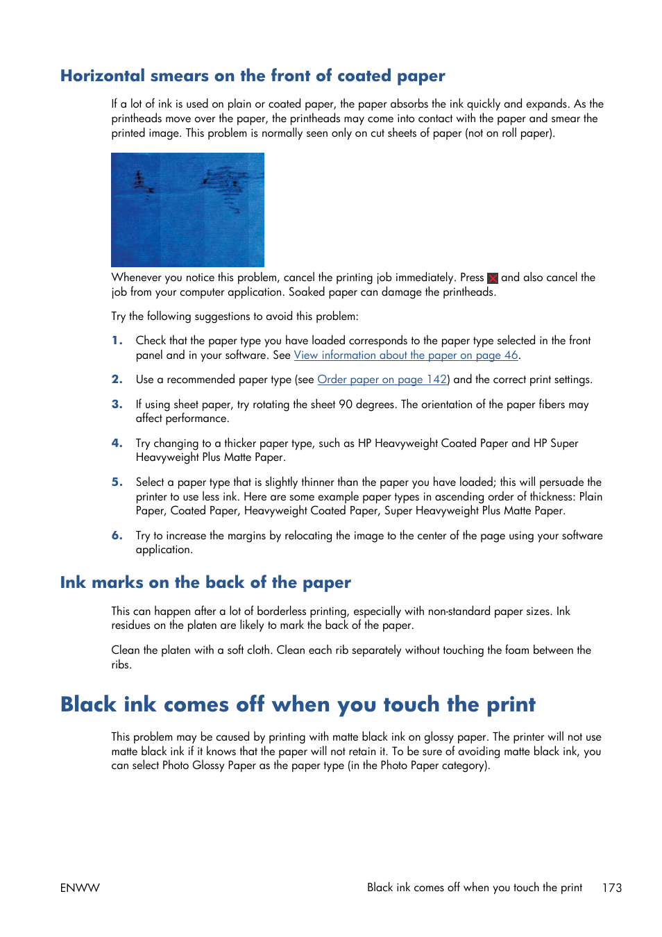 Horizontal smears on the front of coated paper, Ink marks on the back of the paper, Black ink comes off when you touch the print | HP Designjet T1300 ePrinter User Manual | Page 181 / 224