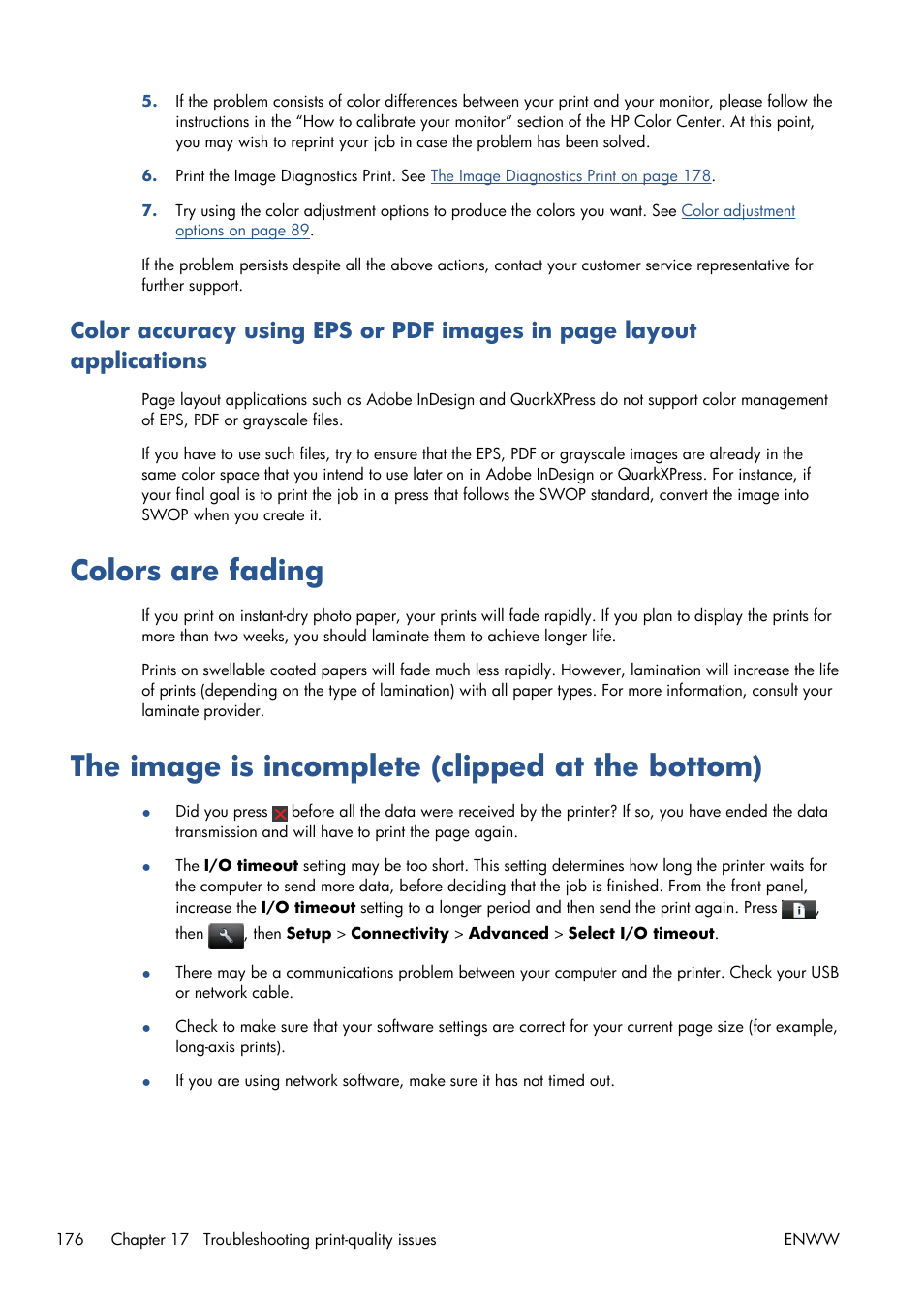 Colors are fading, The image is incomplete (clipped at the bottom) | HP Designjet T1300 ePrinter User Manual | Page 184 / 224
