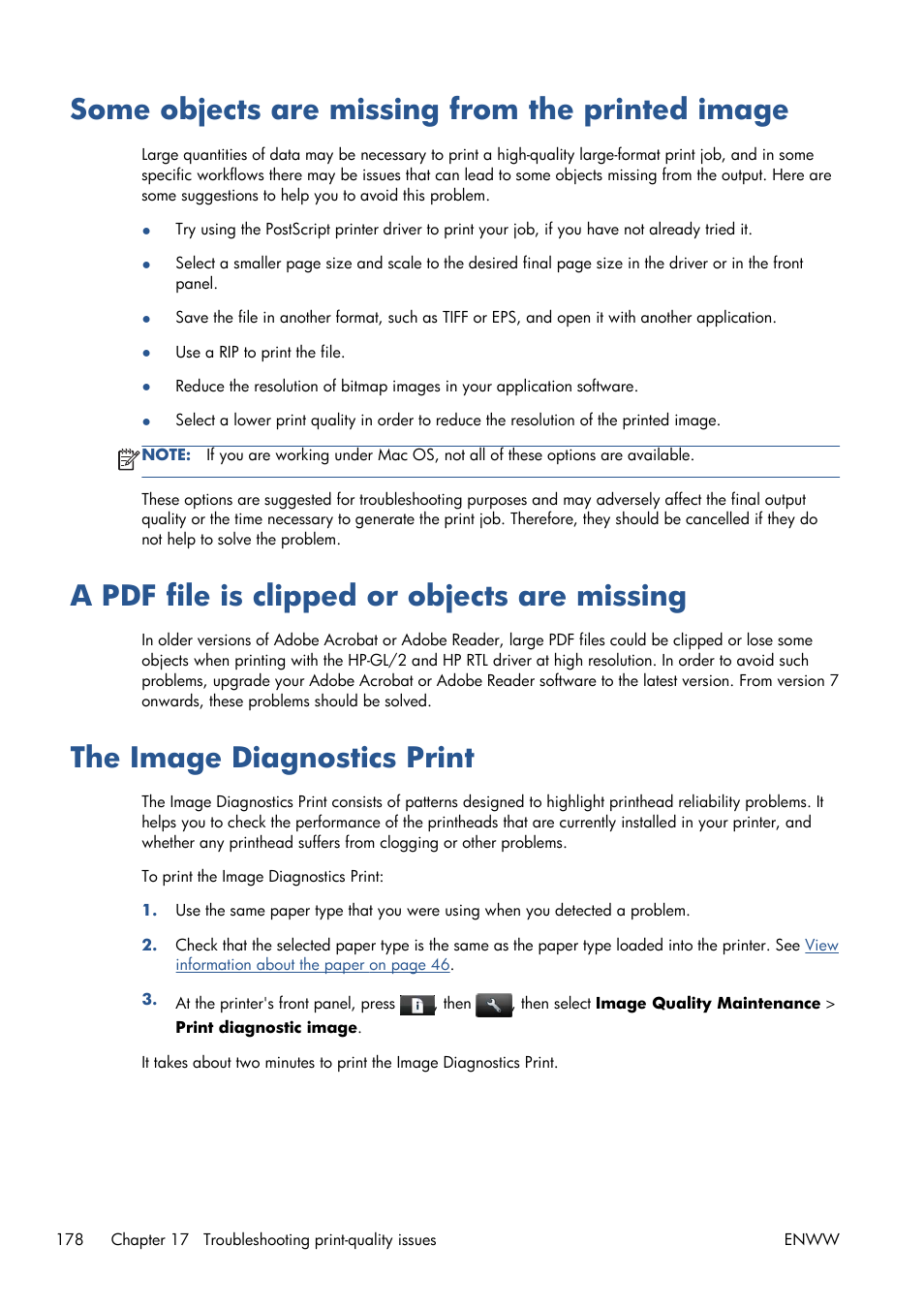 Some objects are missing from the printed image, A pdf file is clipped or objects are missing, The image diagnostics print | HP Designjet T1300 ePrinter User Manual | Page 186 / 224