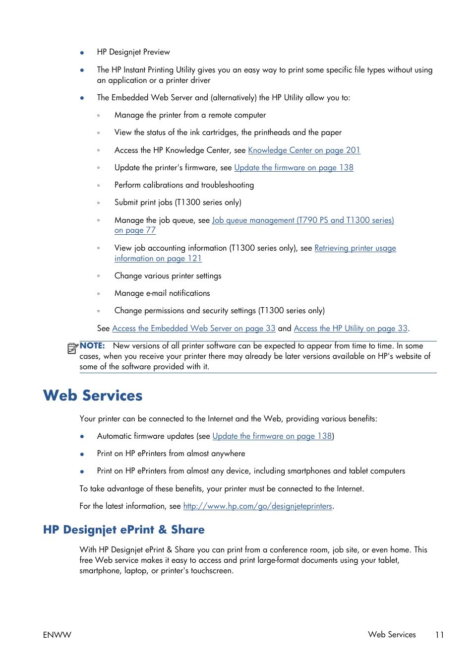 Web services, Hp designjet eprint & share | HP Designjet T1300 ePrinter User Manual | Page 19 / 224