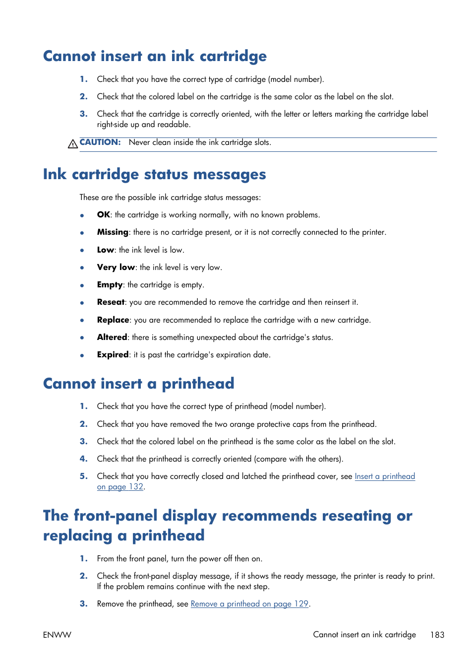 Cannot insert an ink cartridge, Ink cartridge status messages, Cannot insert a printhead | HP Designjet T1300 ePrinter User Manual | Page 191 / 224