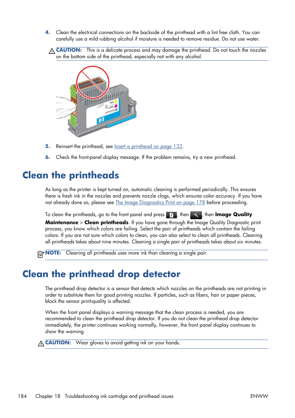 Clean the printheads, Clean the printhead drop detector | HP Designjet T1300 ePrinter User Manual | Page 192 / 224
