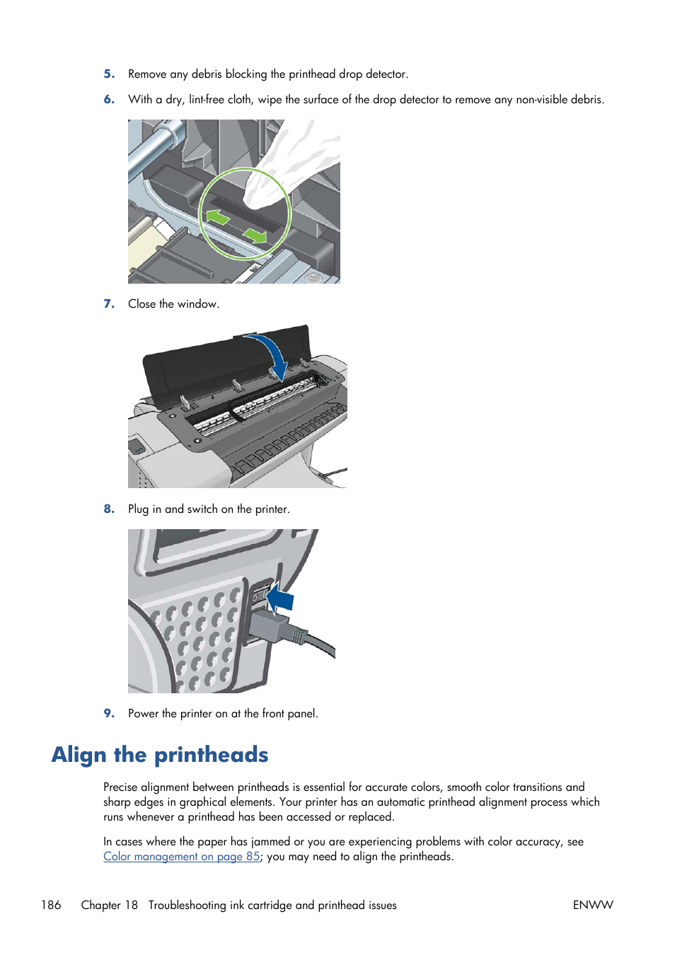 Align the printheads, Align the | HP Designjet T1300 ePrinter User Manual | Page 194 / 224