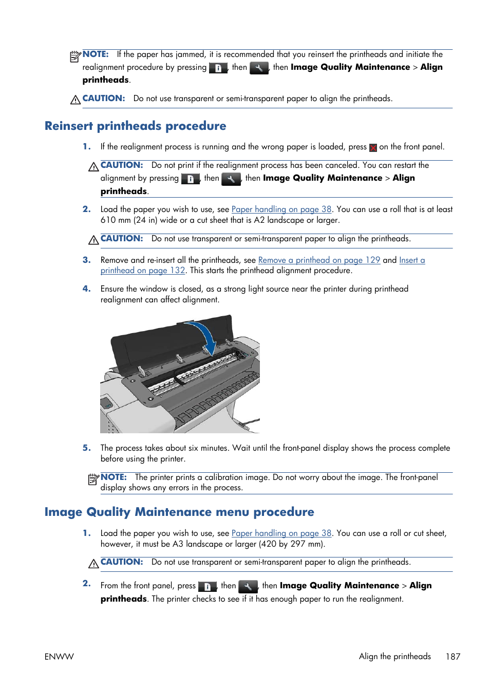 Reinsert printheads procedure, Image quality maintenance menu procedure | HP Designjet T1300 ePrinter User Manual | Page 195 / 224