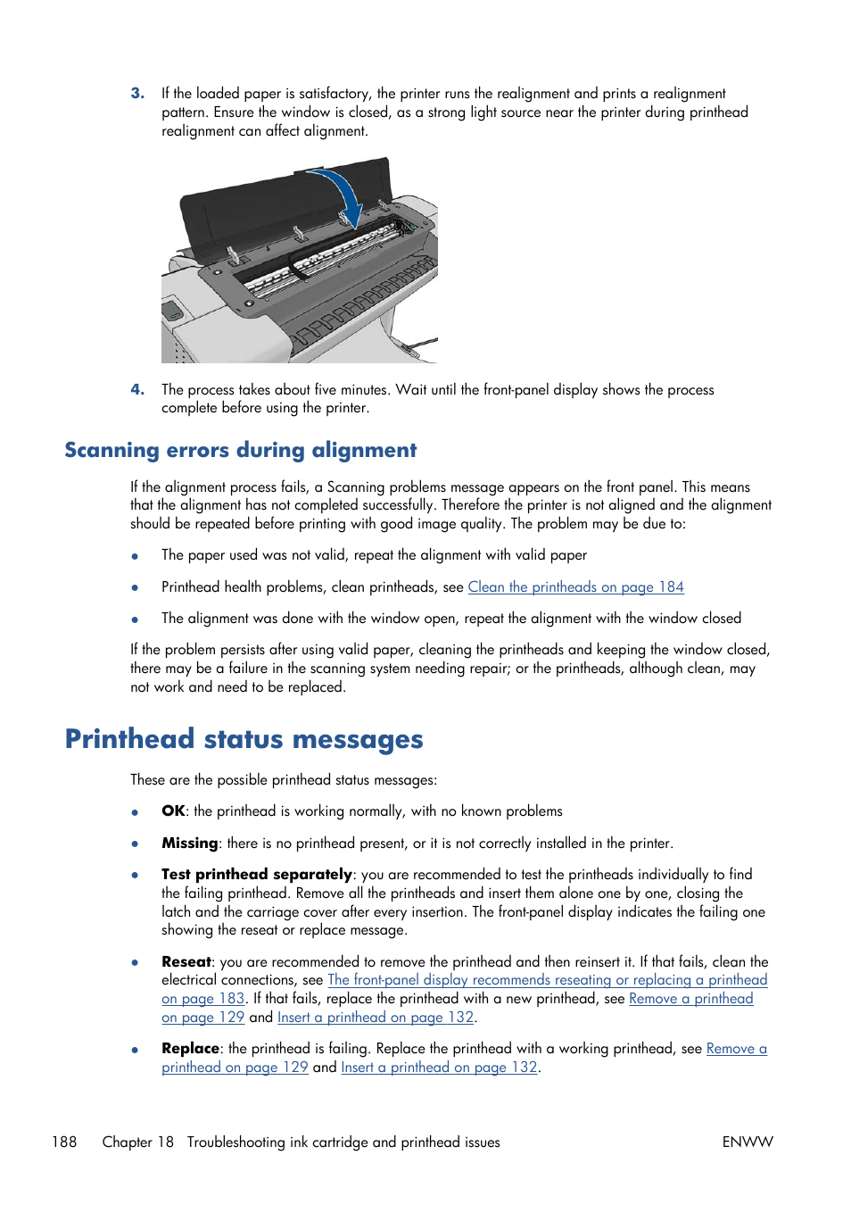 Scanning errors during alignment, Printhead status messages | HP Designjet T1300 ePrinter User Manual | Page 196 / 224