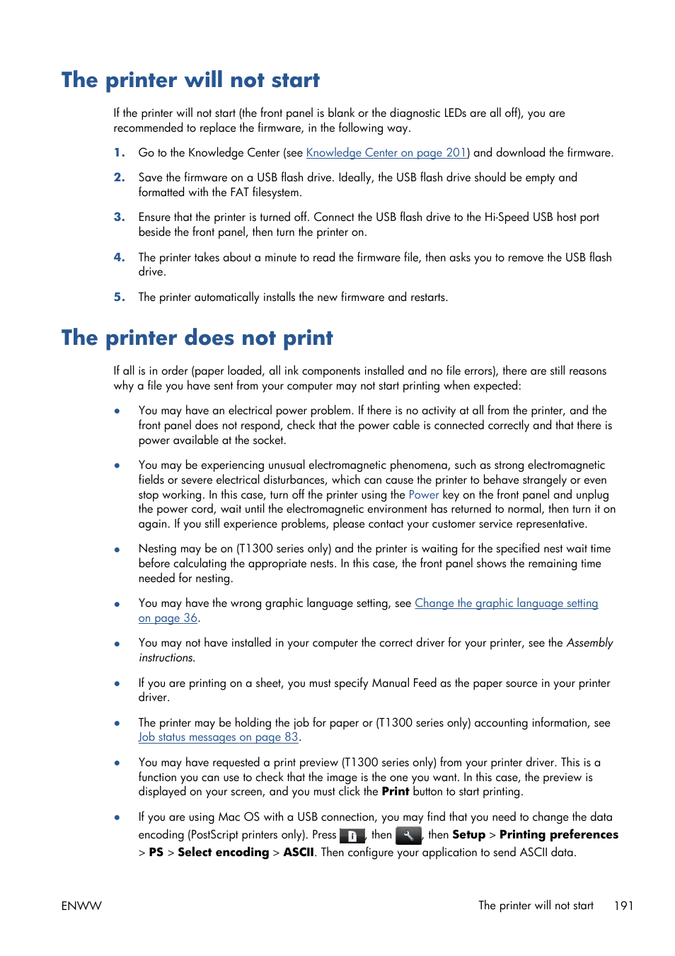 The printer will not start, The printer does not print | HP Designjet T1300 ePrinter User Manual | Page 199 / 224