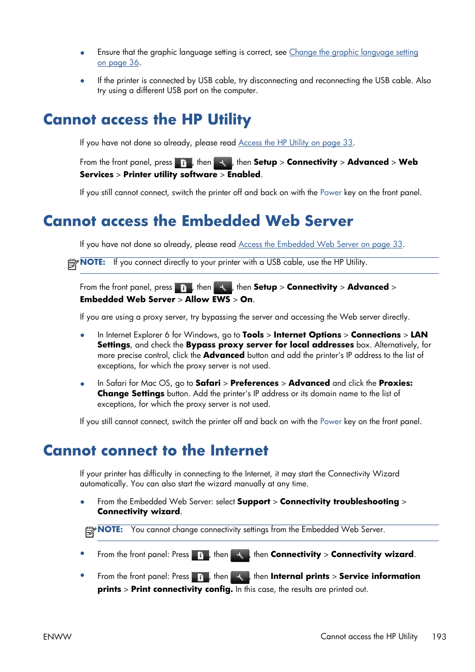 Cannot access the hp utility, Cannot access the embedded web server, Cannot connect to the internet | T through to the hp utility, see, Cannot access the | HP Designjet T1300 ePrinter User Manual | Page 201 / 224