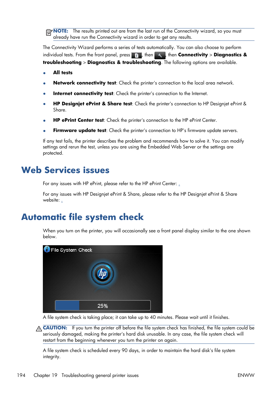 Web services issues, Automatic file system check, Web services issues automatic file system check | HP Designjet T1300 ePrinter User Manual | Page 202 / 224