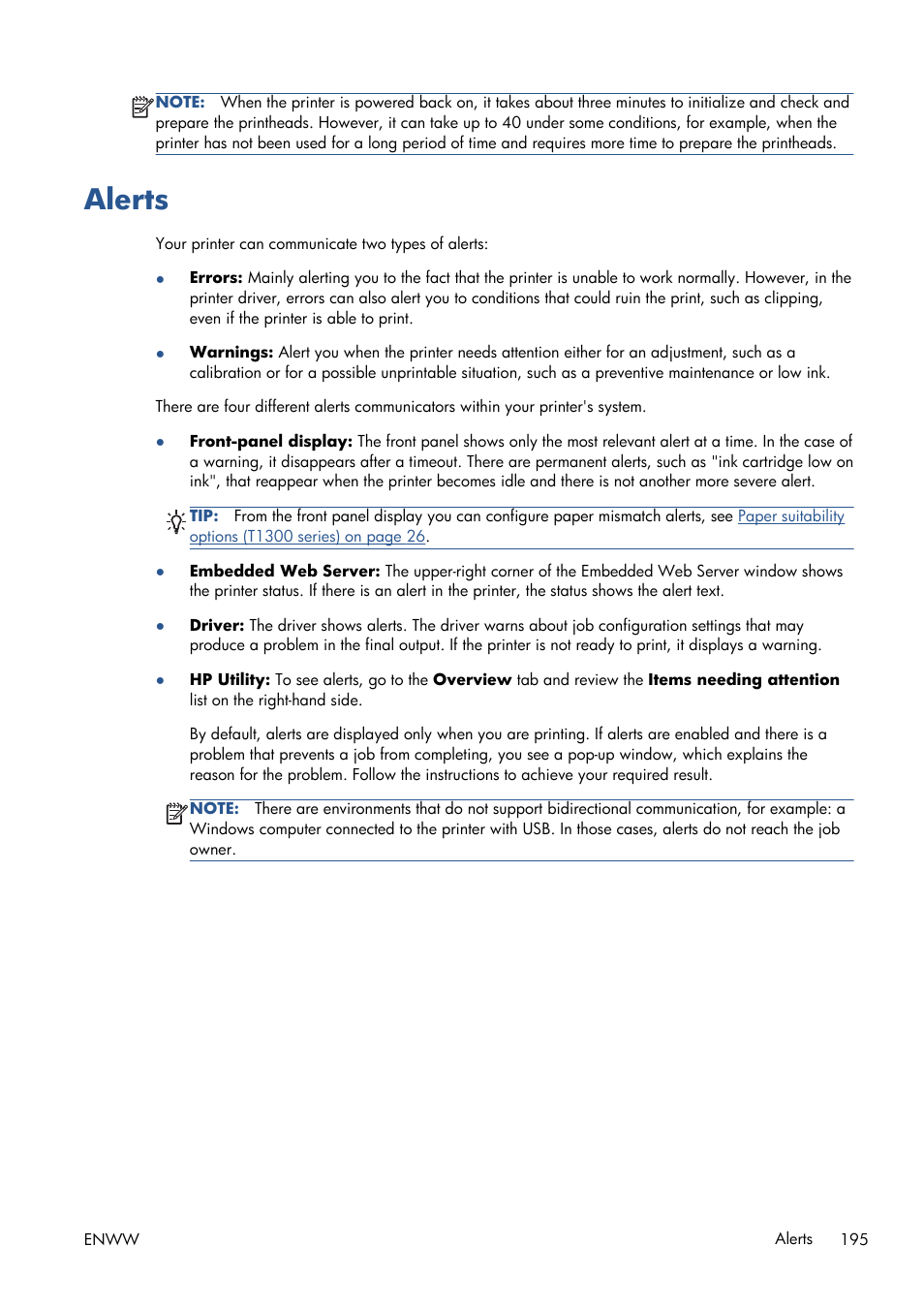 Alerts, Which ex | HP Designjet T1300 ePrinter User Manual | Page 203 / 224