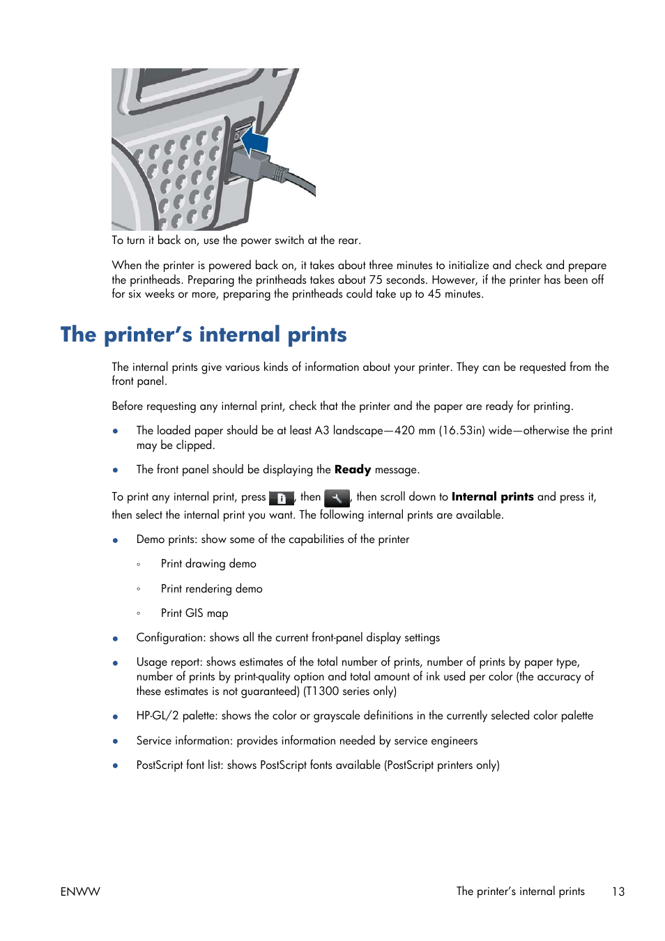 The printer’s internal prints | HP Designjet T1300 ePrinter User Manual | Page 21 / 224