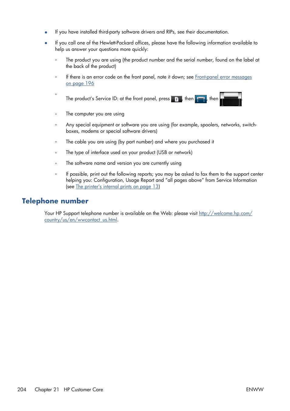 Telephone number | HP Designjet T1300 ePrinter User Manual | Page 212 / 224