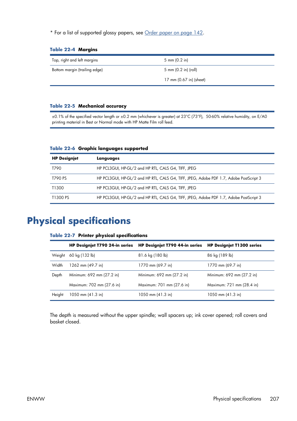 Physical specifications | HP Designjet T1300 ePrinter User Manual | Page 215 / 224