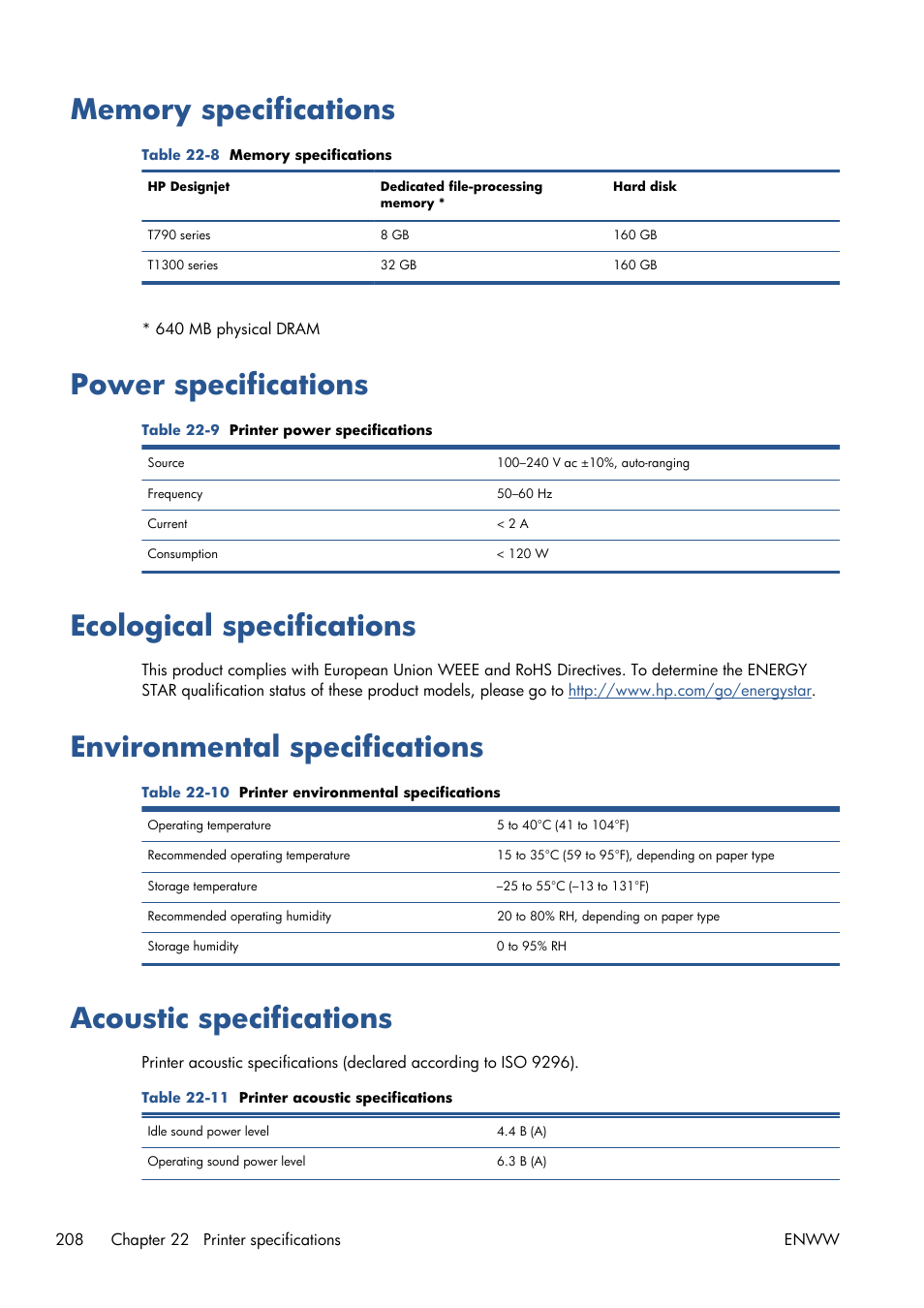 Memory specifications, Power specifications, Ecological specifications | Environmental specifications, Acoustic specifications | HP Designjet T1300 ePrinter User Manual | Page 216 / 224