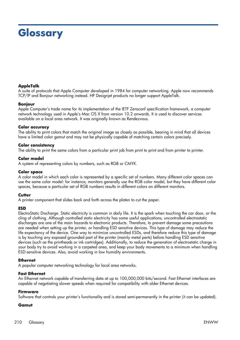 Glossary, Contains definitions of printing and, Devices (see the | HP Designjet T1300 ePrinter User Manual | Page 218 / 224