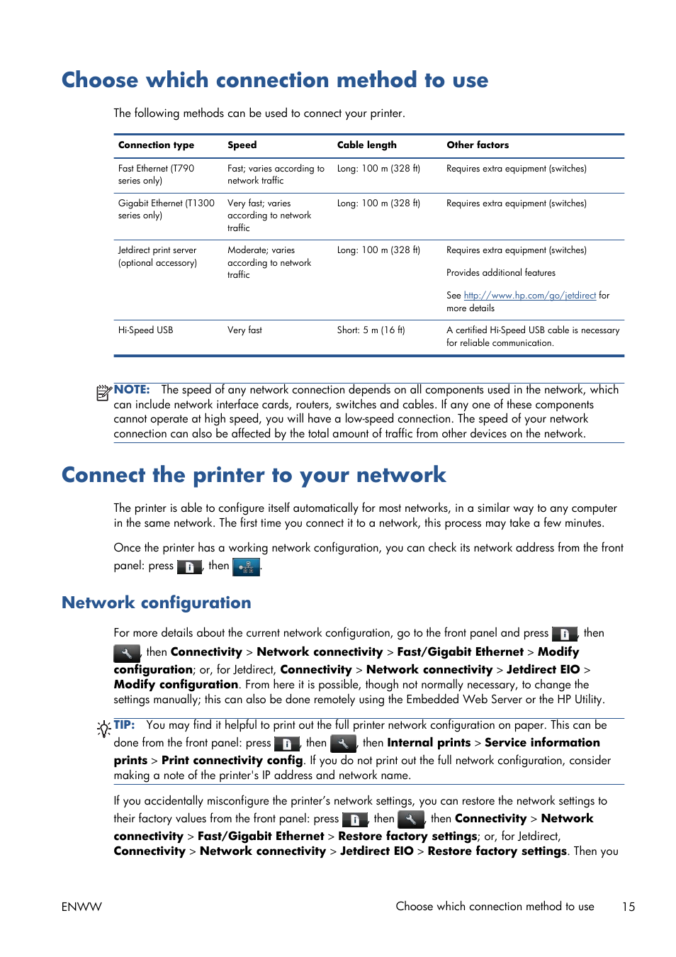 Choose which connection method to use, Connect the printer to your network, Network configuration | HP Designjet T1300 ePrinter User Manual | Page 23 / 224
