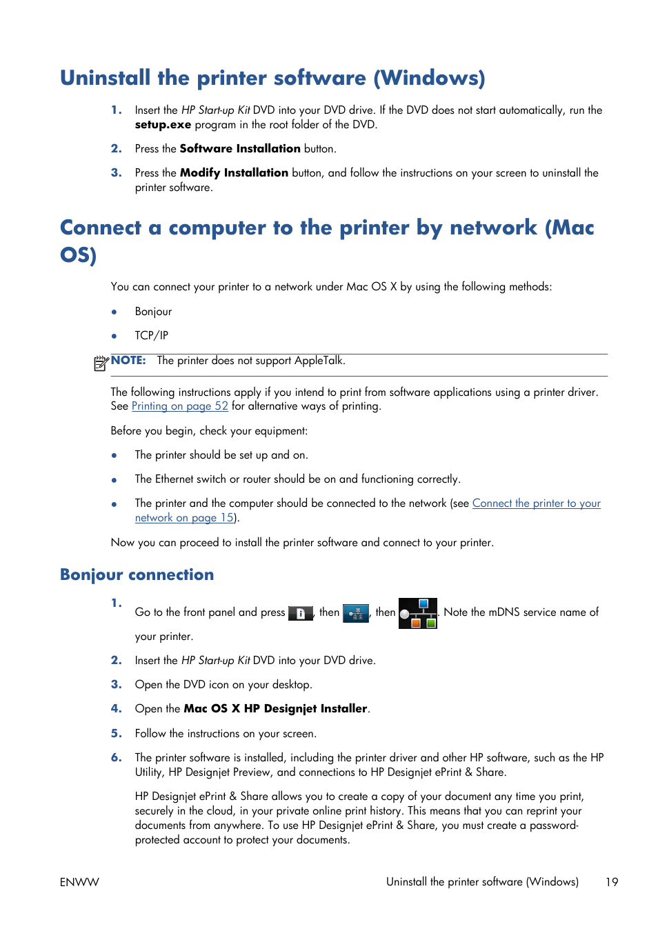 Uninstall the printer software (windows), Bonjour connection | HP Designjet T1300 ePrinter User Manual | Page 27 / 224