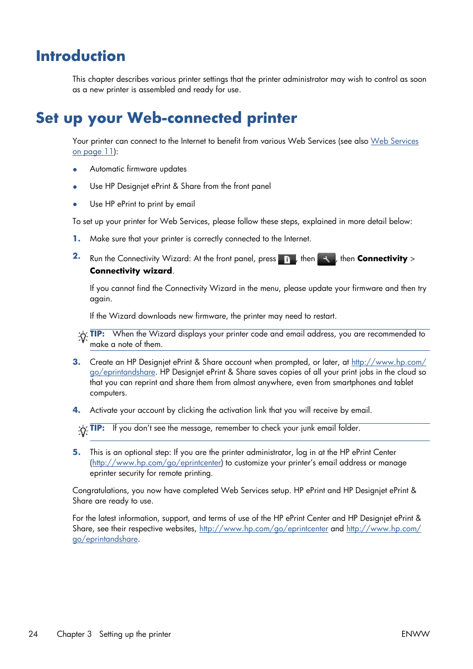 Introduction, Set up your web-connected printer, Introduction set up your web-connected printer | HP Designjet T1300 ePrinter User Manual | Page 32 / 224