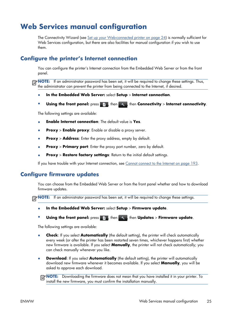 Web services manual configuration, Configure the printer’s internet connection, Configure firmware updates | HP Designjet T1300 ePrinter User Manual | Page 33 / 224