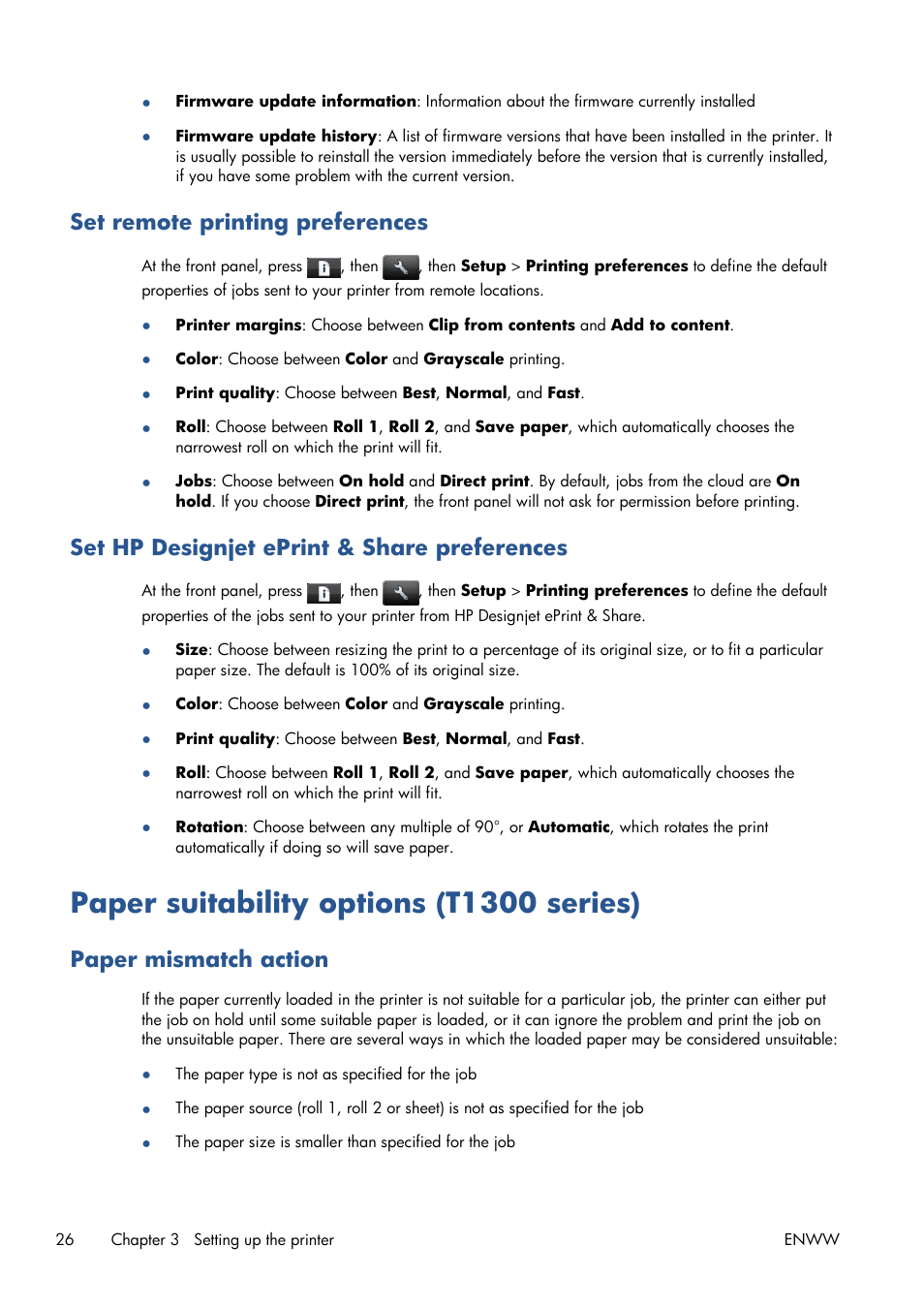 Set remote printing preferences, Set hp designjet eprint & share preferences, Paper suitability options (t1300 series) | Paper mismatch action | HP Designjet T1300 ePrinter User Manual | Page 34 / 224