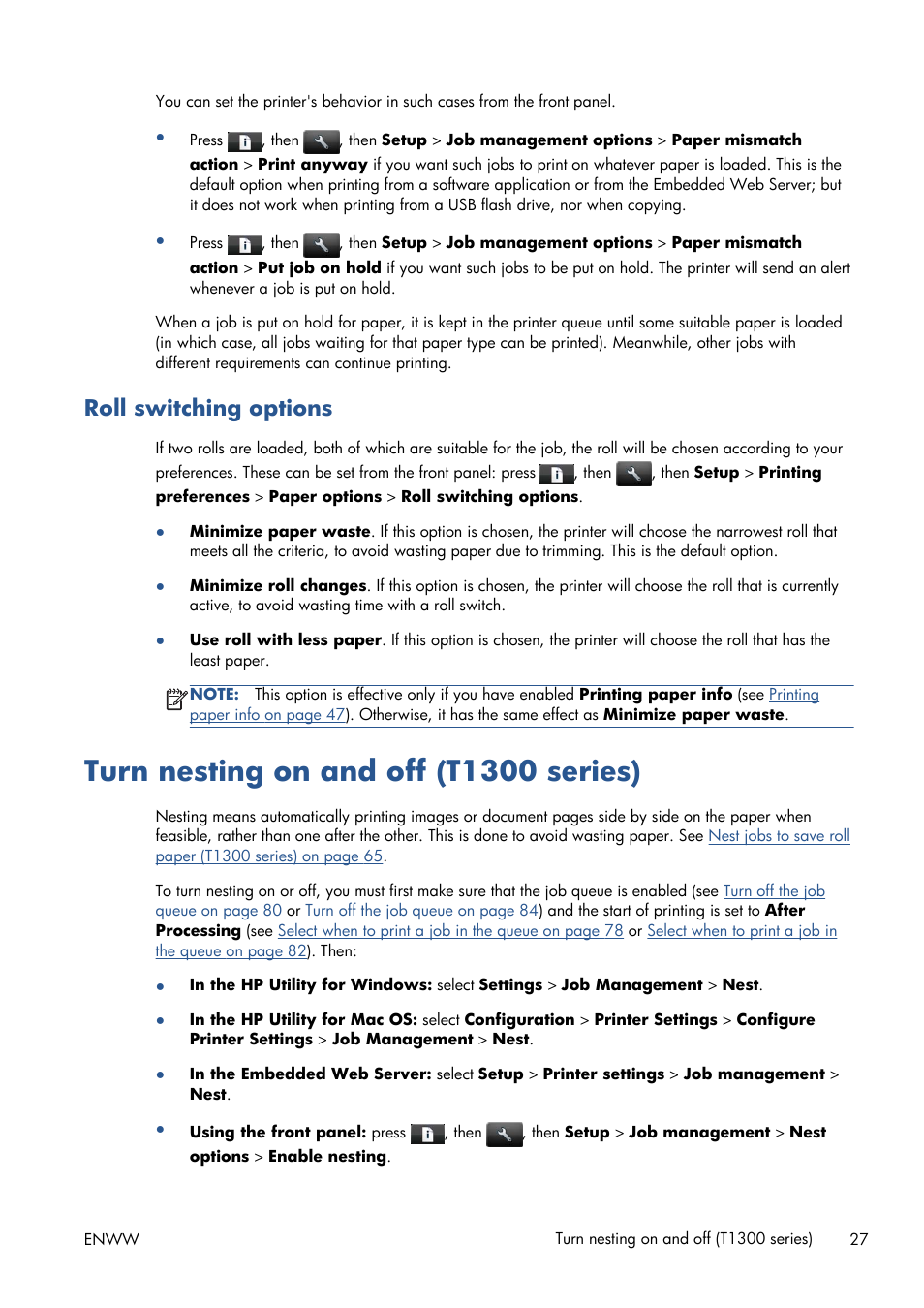 Roll switching options, Turn nesting on and off (t1300 series) | HP Designjet T1300 ePrinter User Manual | Page 35 / 224