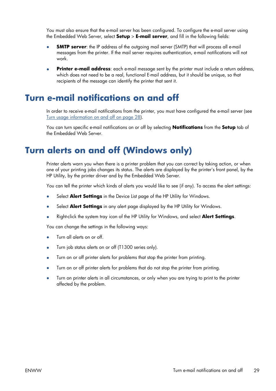 Turn e-mail notifications on and off, Turn alerts on and off (windows only) | HP Designjet T1300 ePrinter User Manual | Page 37 / 224