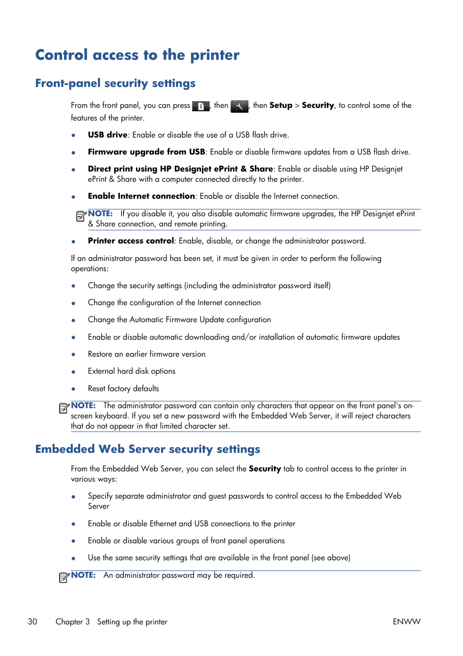 Control access to the printer, Front-panel security settings, Embedded web server security settings | HP Designjet T1300 ePrinter User Manual | Page 38 / 224