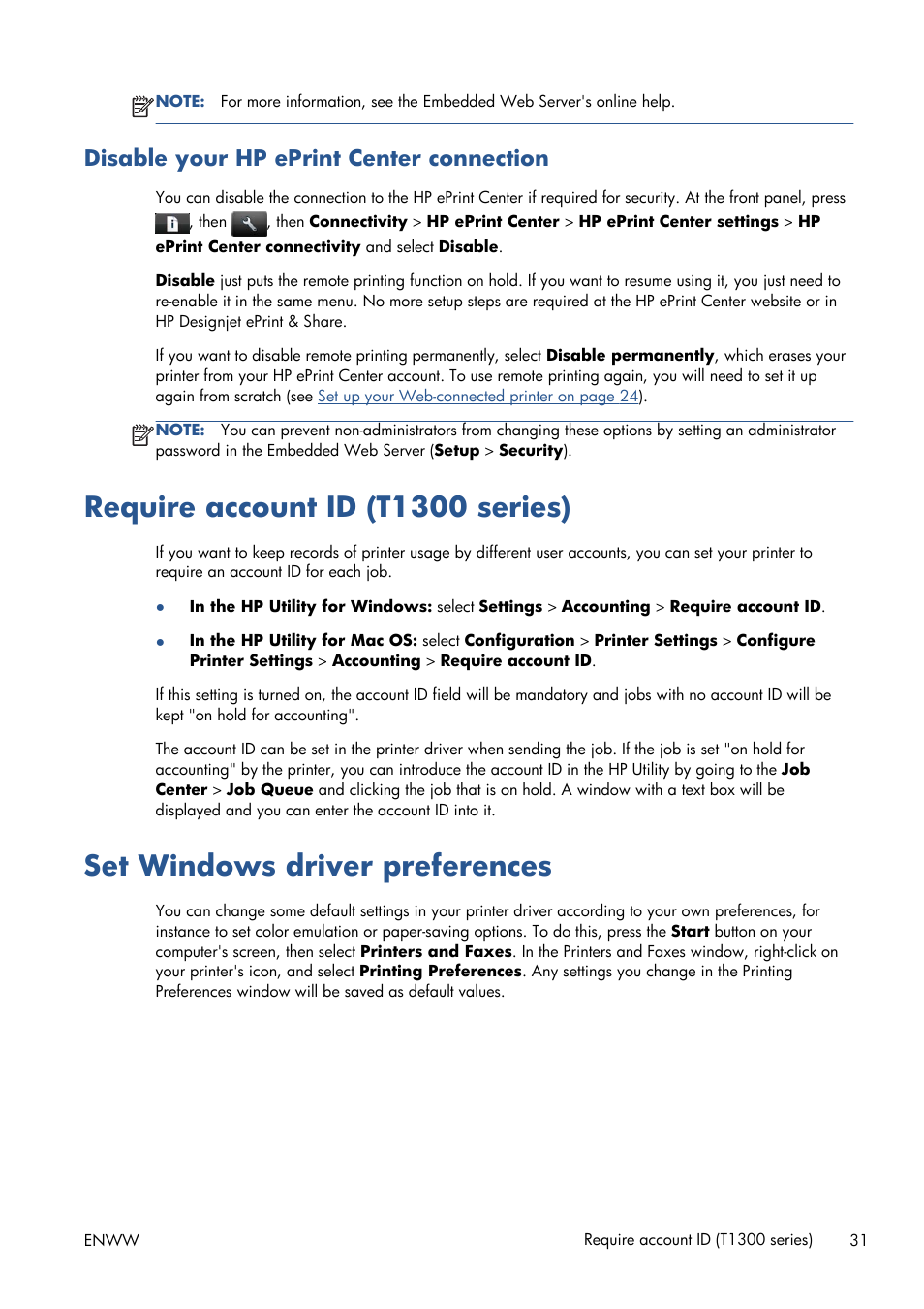 Disable your hp eprint center connection, Require account id (t1300 series), Set windows driver preferences | HP Designjet T1300 ePrinter User Manual | Page 39 / 224