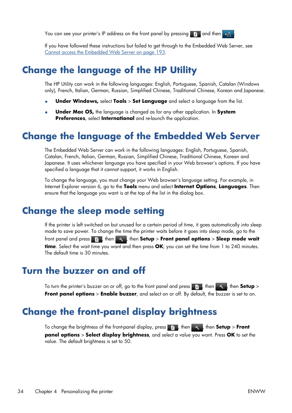 Change the language of the hp utility, Change the language of the embedded web server, Change the sleep mode setting | Turn the buzzer on and off, Change the front-panel display brightness, Change the sleep mode | HP Designjet T1300 ePrinter User Manual | Page 42 / 224