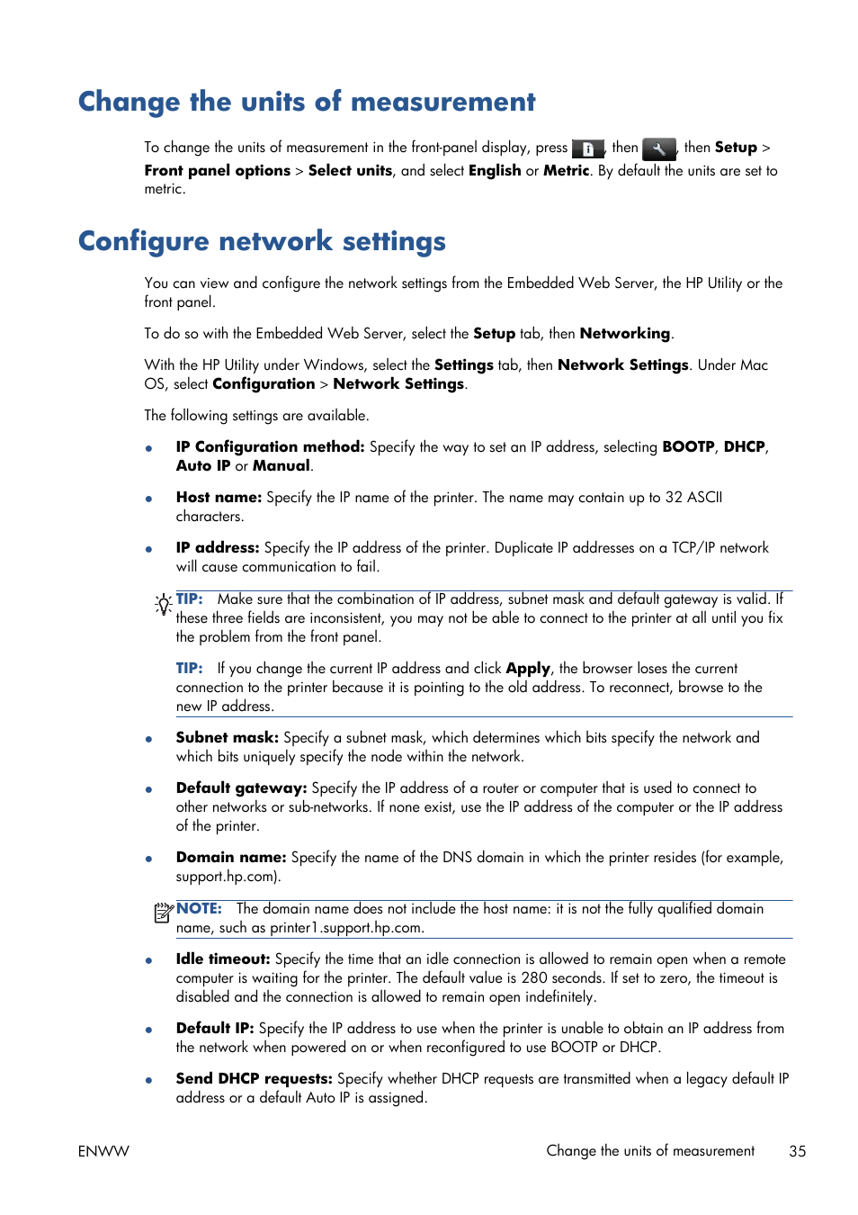Change the units of measurement, Configure network settings | HP Designjet T1300 ePrinter User Manual | Page 43 / 224