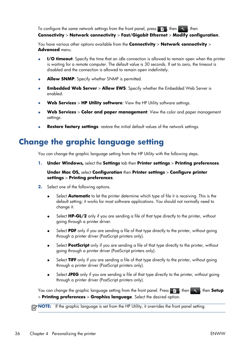 Change the graphic language setting | HP Designjet T1300 ePrinter User Manual | Page 44 / 224