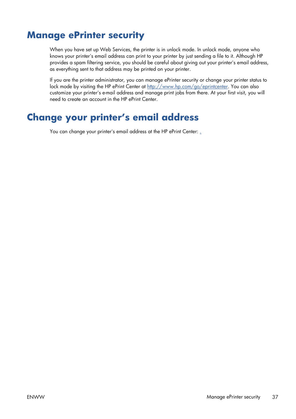 Manage eprinter security, Change your printer’s email address | HP Designjet T1300 ePrinter User Manual | Page 45 / 224