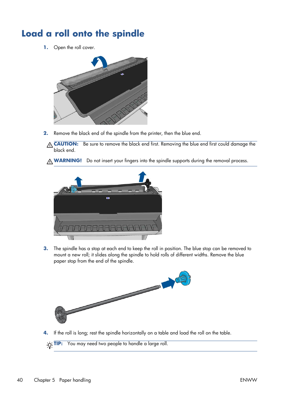 Load a roll onto the spindle | HP Designjet T1300 ePrinter User Manual | Page 48 / 224