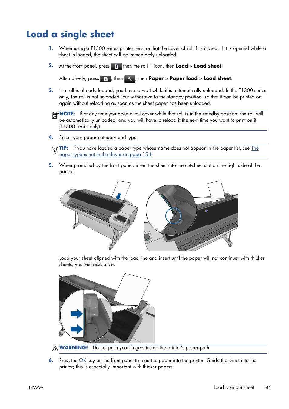 Load a single sheet | HP Designjet T1300 ePrinter User Manual | Page 53 / 224