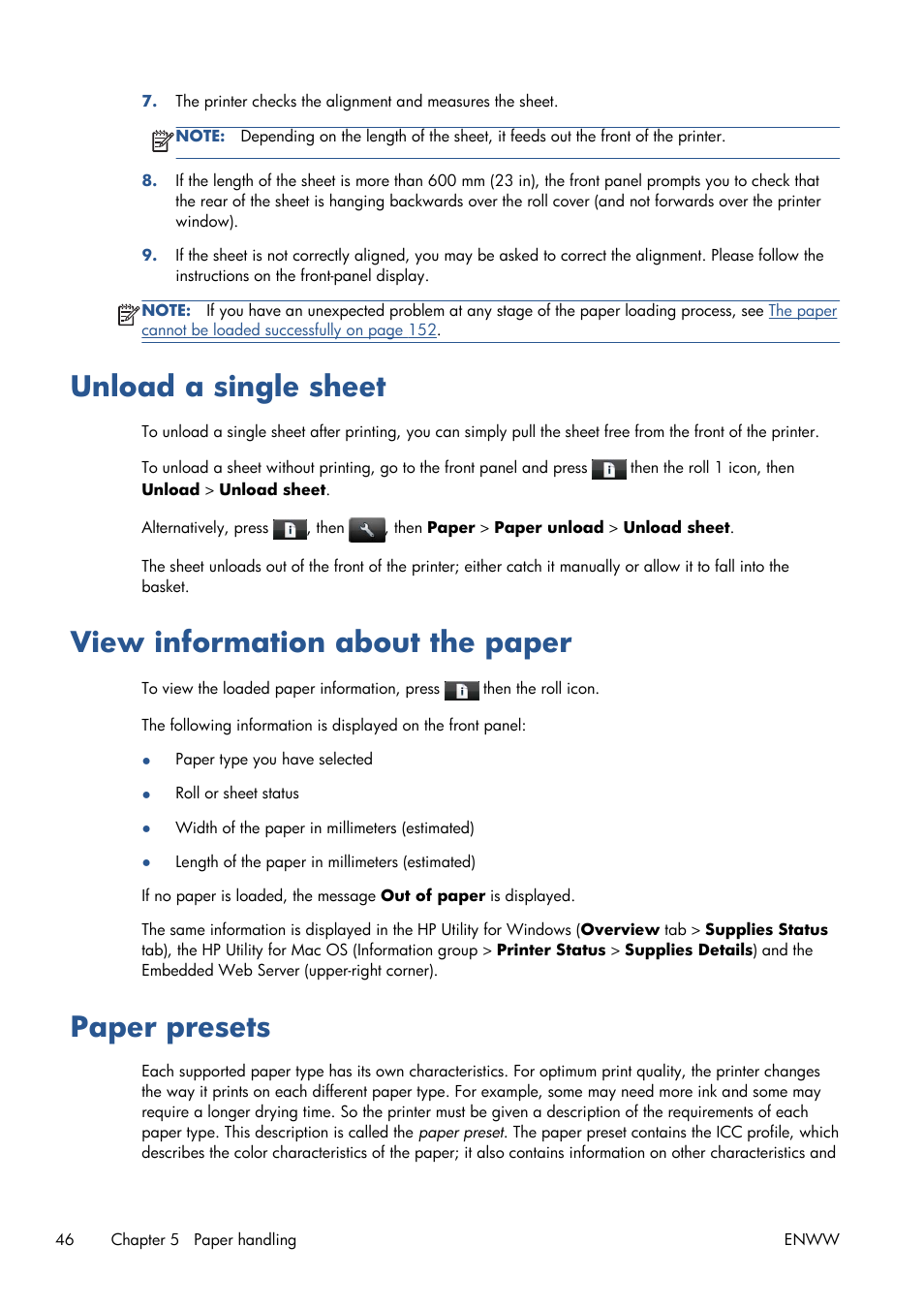 Unload a single sheet, View information about the paper, Paper presets | HP Designjet T1300 ePrinter User Manual | Page 54 / 224