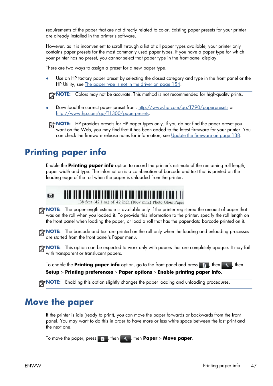 Printing paper info, Move the paper, Printing paper info move the paper | Printing, Ll. see | HP Designjet T1300 ePrinter User Manual | Page 55 / 224