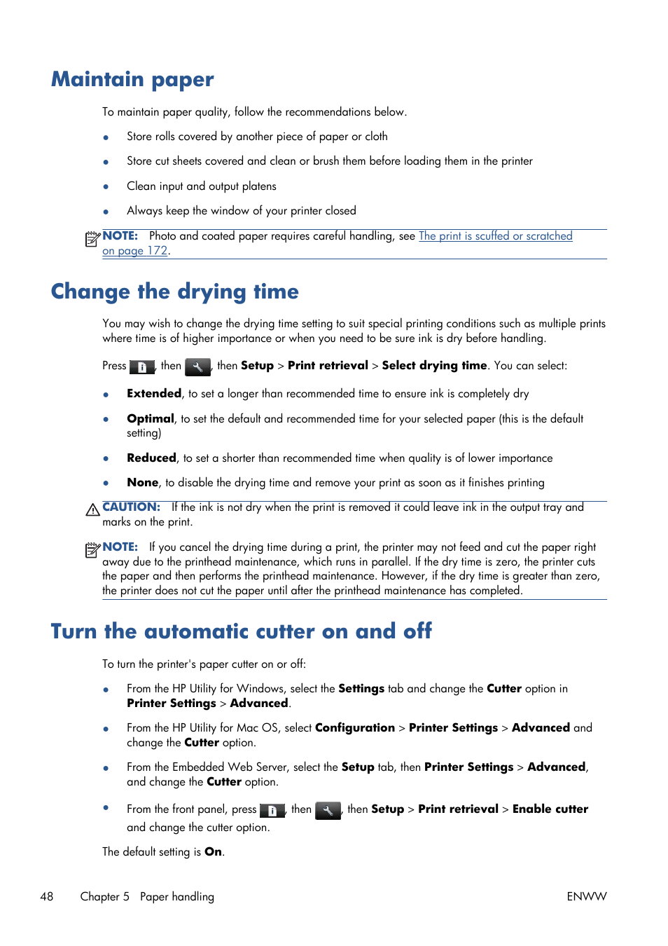 Maintain paper, Change the drying time, Turn the automatic cutter on and off | HP Designjet T1300 ePrinter User Manual | Page 56 / 224