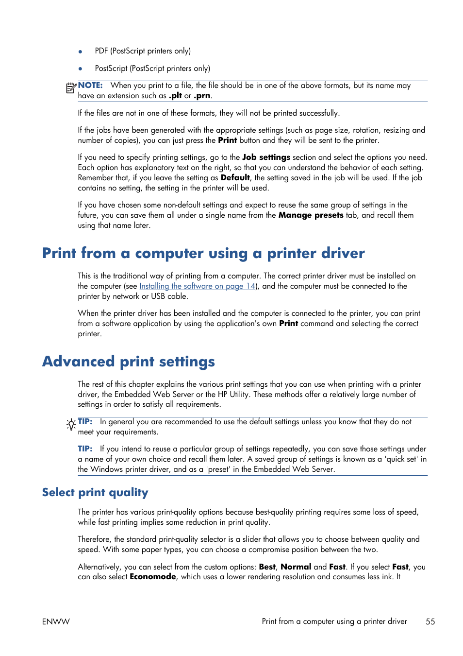 Print from a computer using a printer driver, Advanced print settings, Select print quality | HP Designjet T1300 ePrinter User Manual | Page 63 / 224