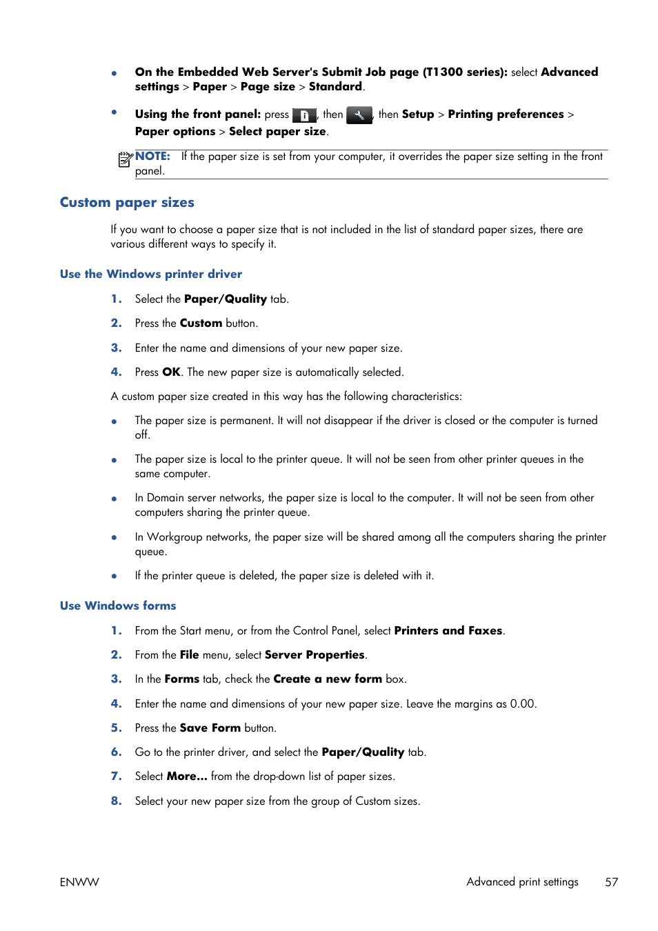 Custom paper sizes | HP Designjet T1300 ePrinter User Manual | Page 65 / 224