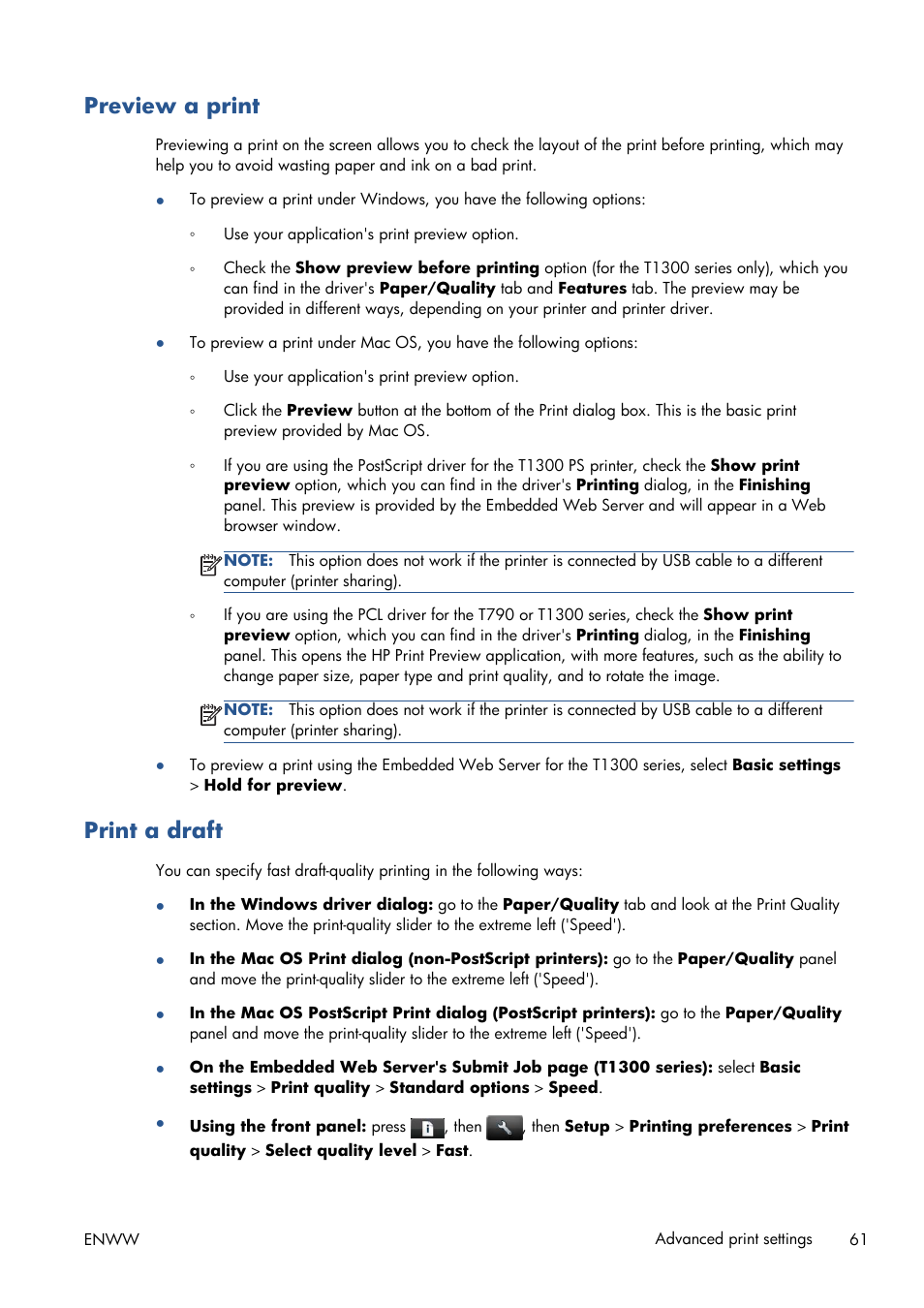 Preview a print, Print a draft, Ble. see | Preview a | HP Designjet T1300 ePrinter User Manual | Page 69 / 224