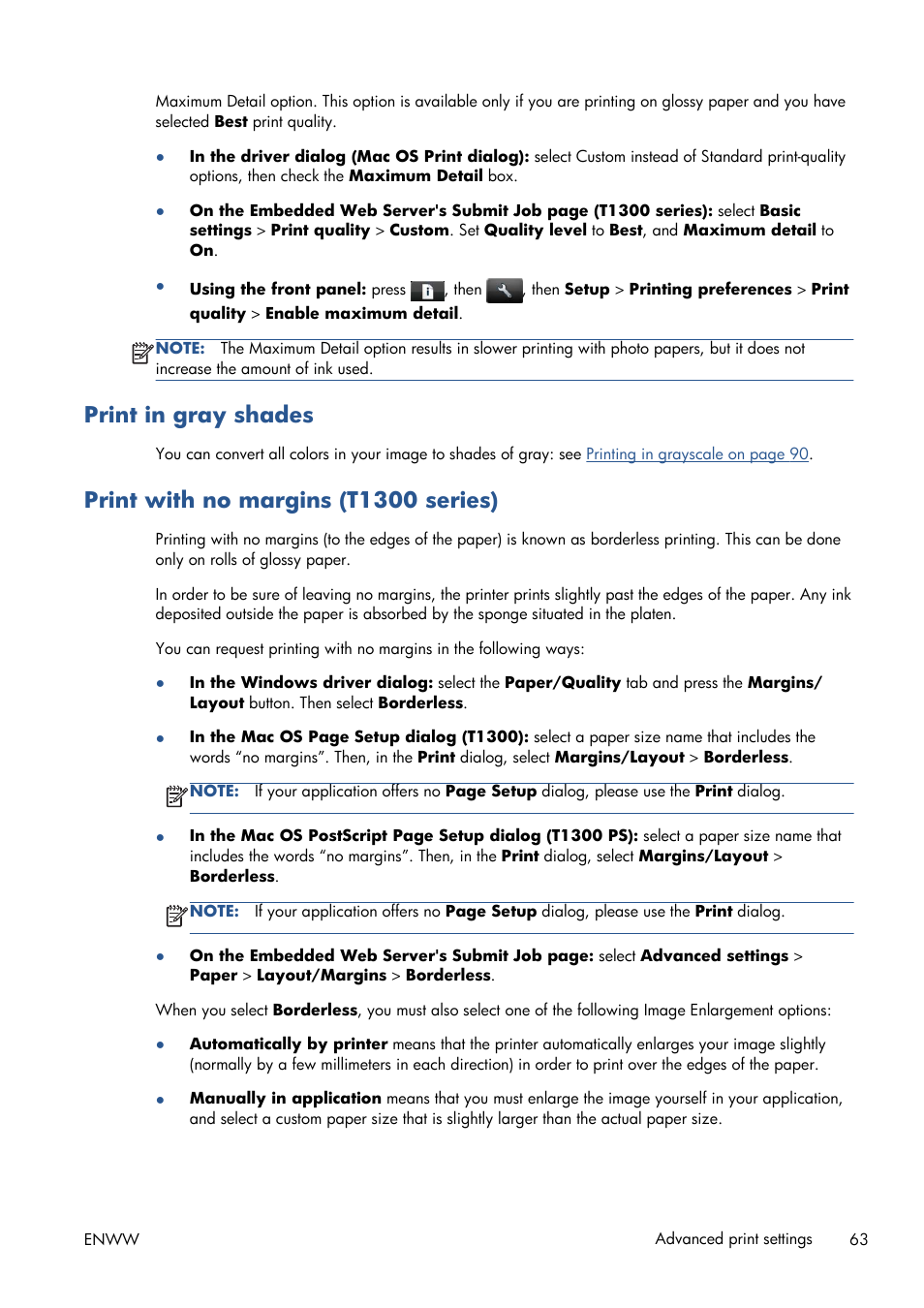 Print in gray shades, Print with no margins (t1300 series) | HP Designjet T1300 ePrinter User Manual | Page 71 / 224