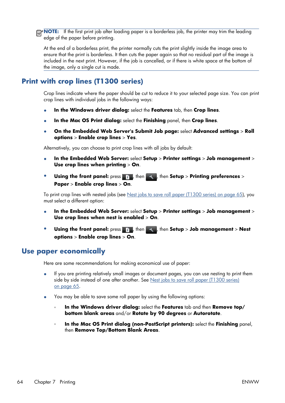 Print with crop lines (t1300 series), Use paper economically, Rotating or nesting your images. see | Use paper | HP Designjet T1300 ePrinter User Manual | Page 72 / 224