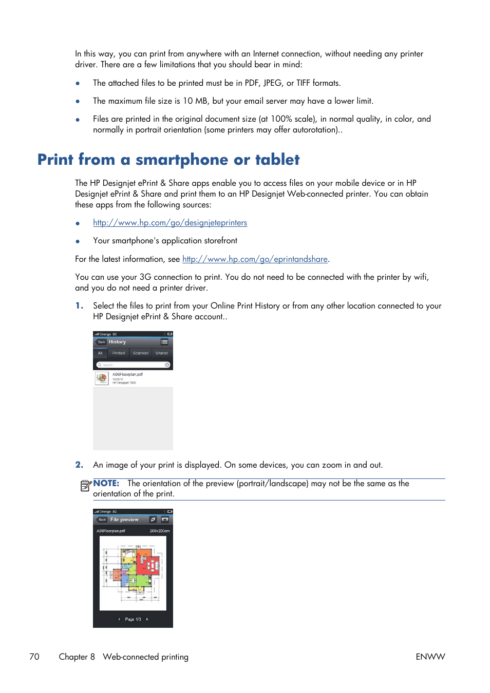 Print from a smartphone or tablet | HP Designjet T1300 ePrinter User Manual | Page 78 / 224