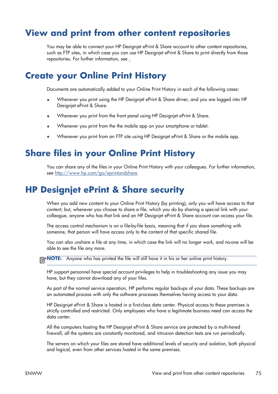View and print from other content repositories, Create your online print history, Share files in your online print history | Hp designjet eprint & share security | HP Designjet T1300 ePrinter User Manual | Page 83 / 224