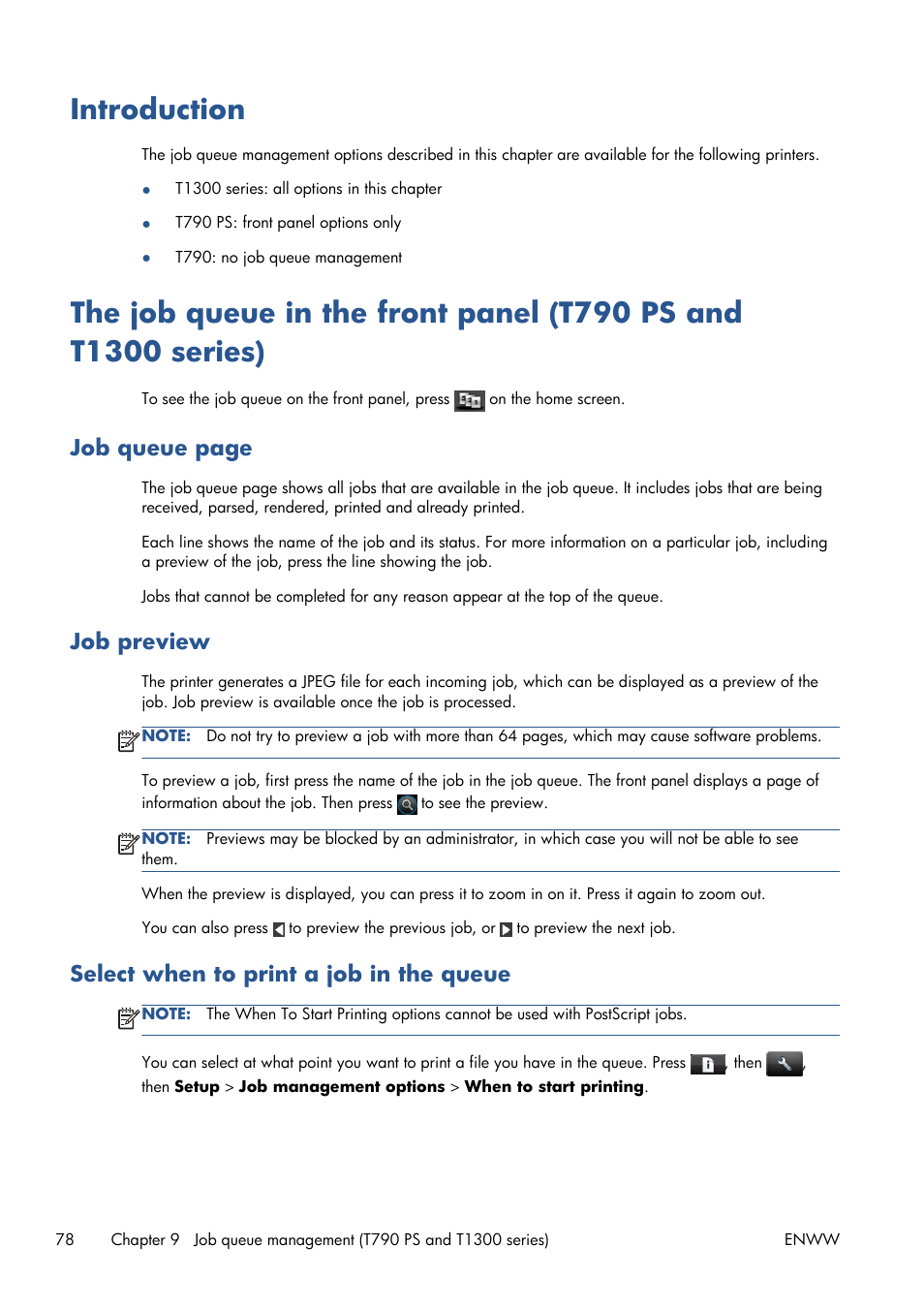 Introduction, Job preview, Select when to print a job in the queue | Job queue page | HP Designjet T1300 ePrinter User Manual | Page 86 / 224